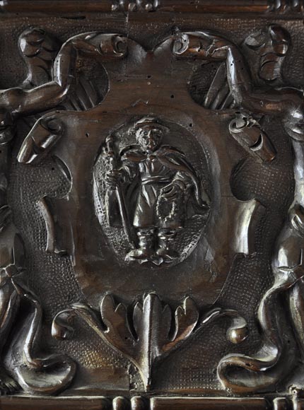 Important antique carved walnut fireplace with painting from the 17th century after Giovanni Andrea CASELLA Important antique carved walnut fireplace with painting from the 17th century after Giovanni Andrea CASELLA-6