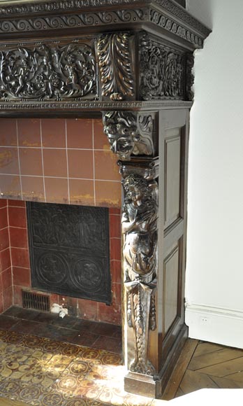 Important antique carved walnut fireplace with painting from the 17th century after Giovanni Andrea CASELLA Important antique carved walnut fireplace with painting from the 17th century after Giovanni Andrea CASELLA-12