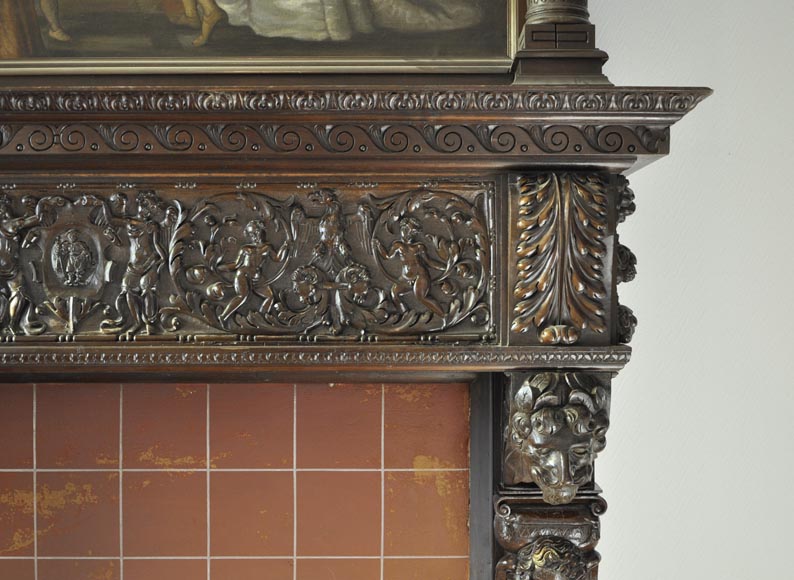 Important antique carved walnut fireplace with painting from the 17th century after Giovanni Andrea CASELLA Important antique carved walnut fireplace with painting from the 17th century after Giovanni Andrea CASELLA-13