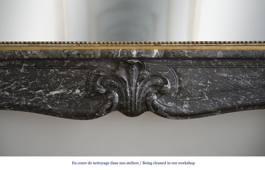 Antique Louis XV period fireplace in Grey Sainte Anne marble, 18th century Antique Louis XV period fireplace in Grey Sainte Anne marble, 18th century-1