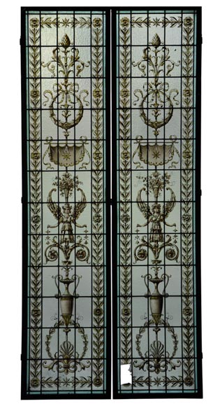 Pair of antique stained glass windows with Neo-Renaissance style decor, late 19th c. Pair of antique stained glass windows with Neo-Renaissance style decor, late 19th c.-0