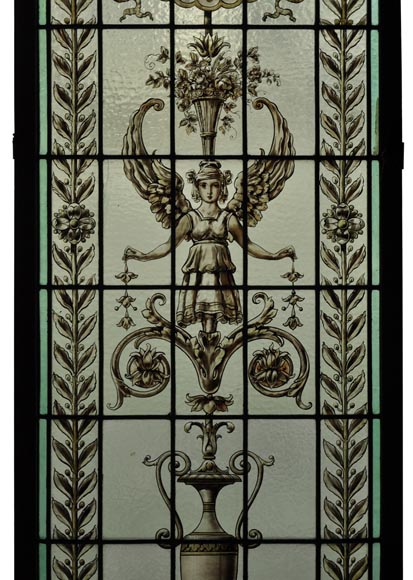 Pair of antique stained glass windows with Neo-Renaissance style decor, late 19th c. Pair of antique stained glass windows with Neo-Renaissance style decor, late 19th c.-3