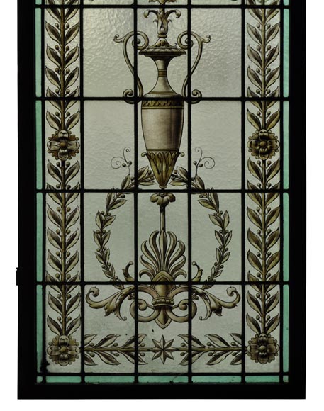 Pair of antique stained glass windows with Neo-Renaissance style decor, late 19th c. Pair of antique stained glass windows with Neo-Renaissance style decor, late 19th c.-4