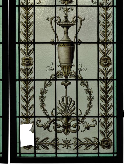 Pair of antique stained glass windows with Neo-Renaissance style decor, late 19th c. Pair of antique stained glass windows with Neo-Renaissance style decor, late 19th c.-5