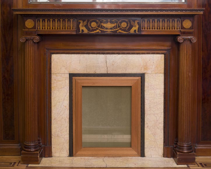 Exceptional antique Regency style complete paneled room in mahogany marquetry with fireplace, France 19th century Exceptional antique Regency style complete paneled room in mahogany marquetry with fireplace, France 19th century-1