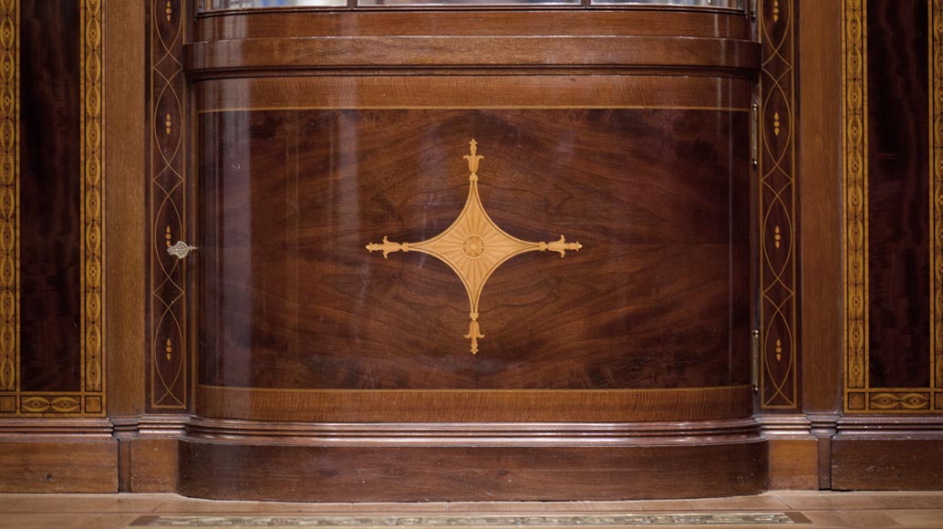 Exceptional antique Regency style complete paneled room in mahogany marquetry with fireplace, France 19th century Exceptional antique Regency style complete paneled room in mahogany marquetry with fireplace, France 19th century-9