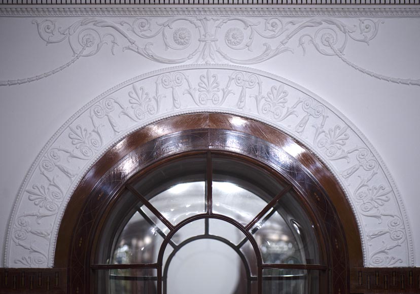 Exceptional antique Regency style complete paneled room in mahogany marquetry with fireplace, France 19th century Exceptional antique Regency style complete paneled room in mahogany marquetry with fireplace, France 19th century-12