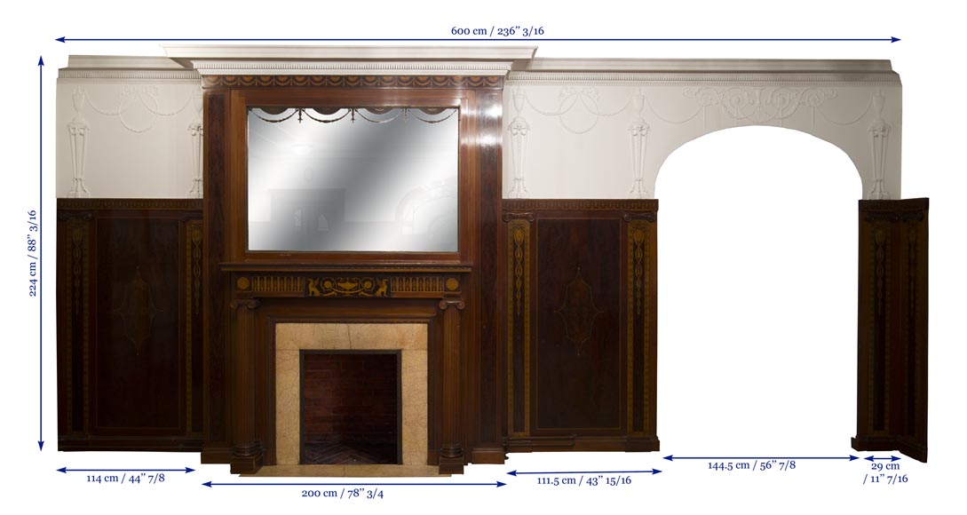 Exceptional antique Regency style complete paneled room in mahogany marquetry with fireplace, France 19th century Exceptional antique Regency style complete paneled room in mahogany marquetry with fireplace, France 19th century-25