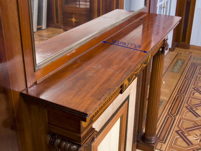 Exceptional antique Regency style complete paneled room in mahogany marquetry with fireplace, France 19th century Exceptional antique Regency style complete paneled room in mahogany marquetry with fireplace, France 19th century-26