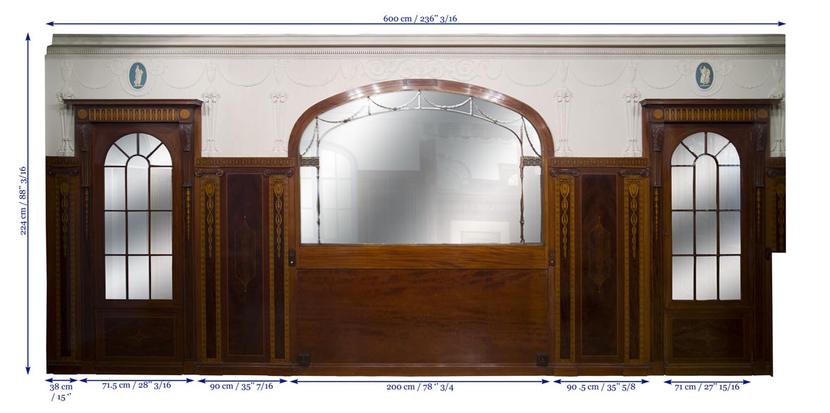 Exceptional antique Regency style complete paneled room in mahogany marquetry with fireplace, France 19th century Exceptional antique Regency style complete paneled room in mahogany marquetry with fireplace, France 19th century-29