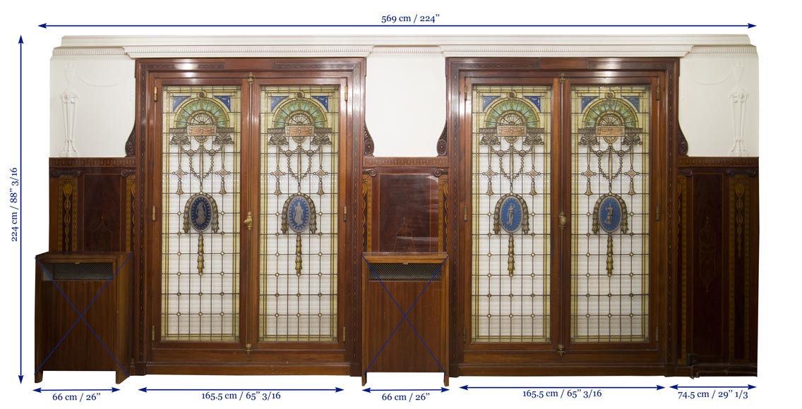 Exceptional antique Regency style complete paneled room in mahogany marquetry with fireplace, France 19th century Exceptional antique Regency style complete paneled room in mahogany marquetry with fireplace, France 19th century-30