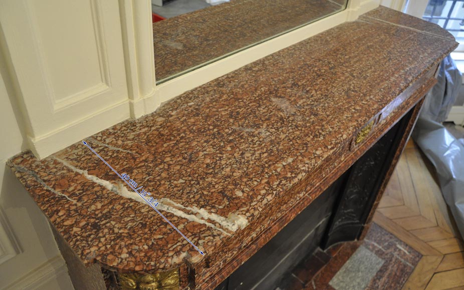 Antique Louis XVI style fireplace mantel with round corners in Griotte marble and gilt bronze ornaments Antique Louis XVI style fireplace mantel with round corners in Griotte marble and gilt bronze ornaments-9