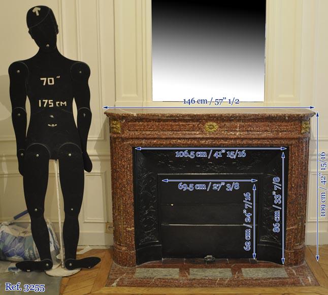 Antique Louis XVI style fireplace mantel with round corners in Griotte marble and gilt bronze ornaments Antique Louis XVI style fireplace mantel with round corners in Griotte marble and gilt bronze ornaments-10