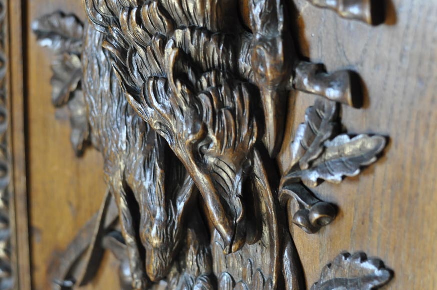 Large antique carved oak wood paneled room with hunting trophies and still lifes decor Large antique carved oak wood paneled room with hunting trophies and still lifes decor-12