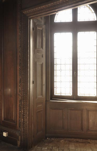 Large antique carved oak wood paneled room with hunting trophies and still lifes decor Large antique carved oak wood paneled room with hunting trophies and still lifes decor-16