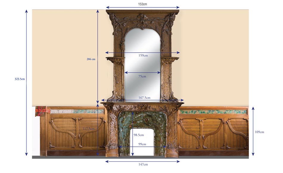 Exceptional antique Art Nouveau paneled room with its fireplace, made out of carved walnut, burr, pinewood and ceramic decor Exceptional antique Art Nouveau paneled room with its fireplace, made out of carved walnut, burr, pinewood and ceramic decor-2