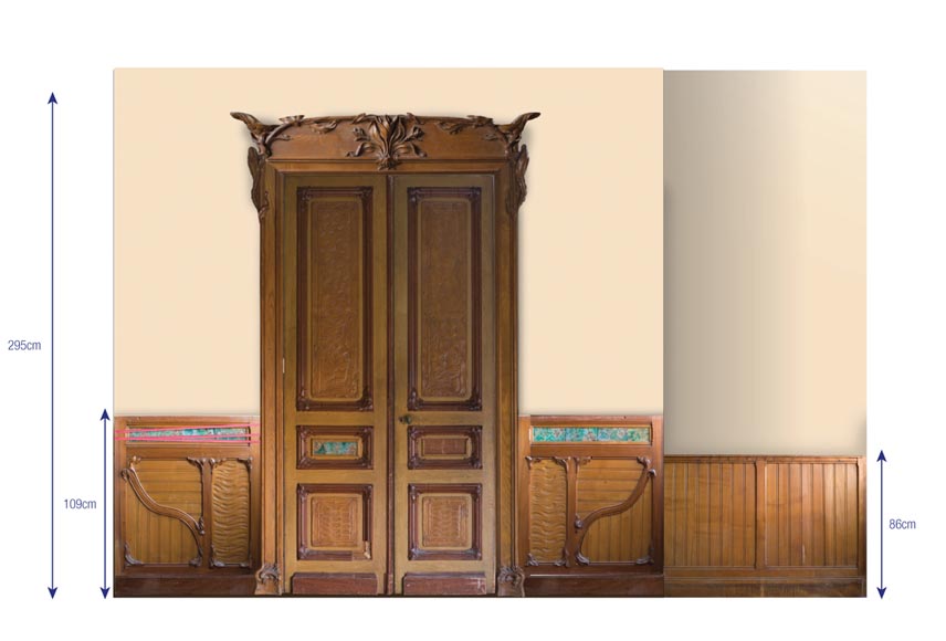Exceptional antique Art Nouveau paneled room with its fireplace, made out of carved walnut, burr, pinewood and ceramic decor Exceptional antique Art Nouveau paneled room with its fireplace, made out of carved walnut, burr, pinewood and ceramic decor-5