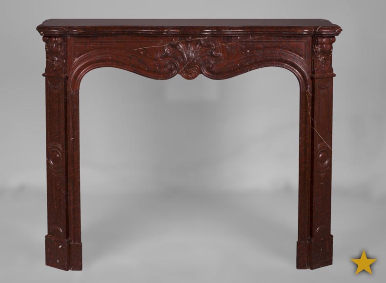 Antique Louis XV style fireplace with three shells decor in Red Griotte marble Antique Louis XV style fireplace with three shells decor in Red Griotte marble-0
