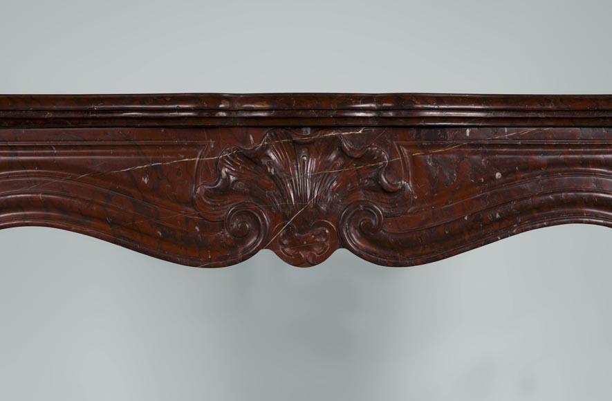 Antique Louis XV style fireplace with three shells decor in Red Griotte marble Antique Louis XV style fireplace with three shells decor in Red Griotte marble-1