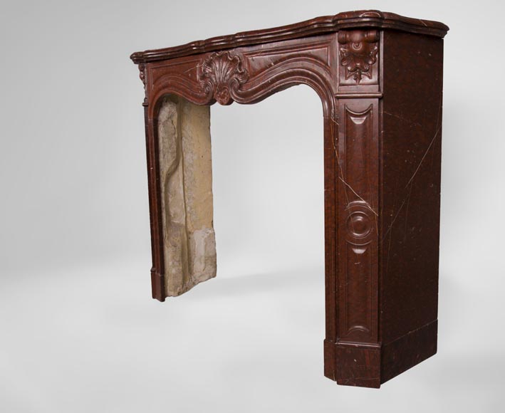 Antique Louis XV style fireplace with three shells decor in Red Griotte marble Antique Louis XV style fireplace with three shells decor in Red Griotte marble-5