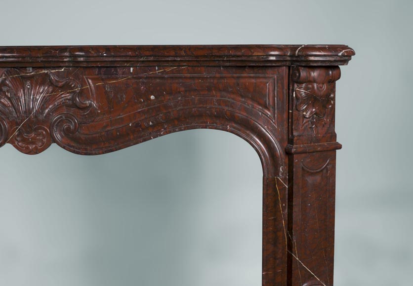 Antique Louis XV style fireplace with three shells decor in Red Griotte marble Antique Louis XV style fireplace with three shells decor in Red Griotte marble-6