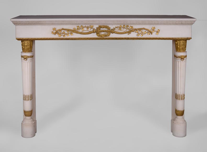 Very beautiful antique Louis XVI style fireplace in Statuary Carrara marble with quiver-shaped columns and gilt bronze ornaments after the model from the Chateau of Fontainebleau-0