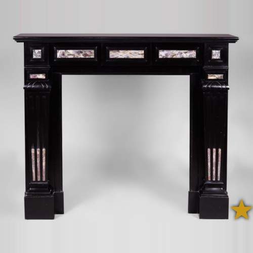 Antique Napoleon III style fireplace in Belgian Black marble with Fior di Pesco marble inlays