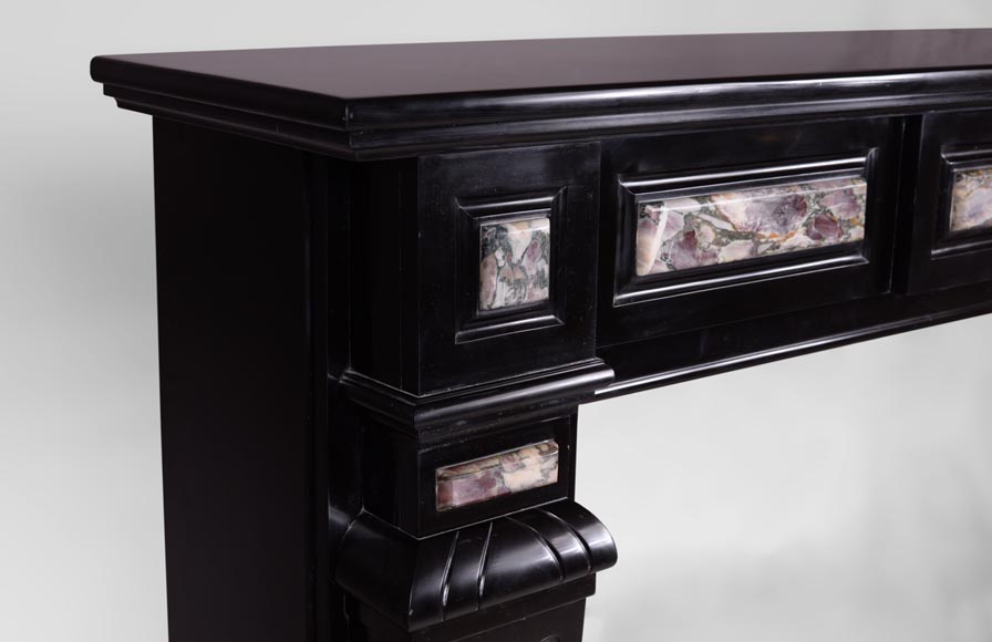 Antique Napoleon III style fireplace in Belgian Black marble with Fior di Pesco marble inlays Antique Napoleon III style fireplace in Belgian Black marble with Fior di Pesco marble inlays-3