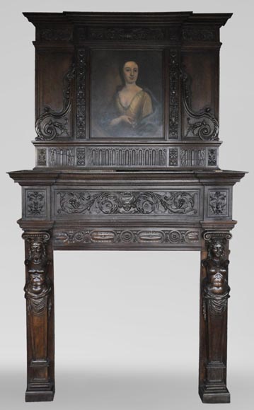 Antique Neo-Renaissance fireplace in oak with a portrait of woman-0