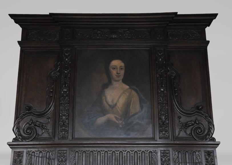 Antique Neo-Renaissance fireplace in oak with a portrait of woman Antique Neo-Renaissance fireplace in oak with a portrait of woman-1
