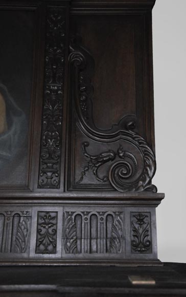 Antique Neo-Renaissance fireplace in oak with a portrait of woman-3