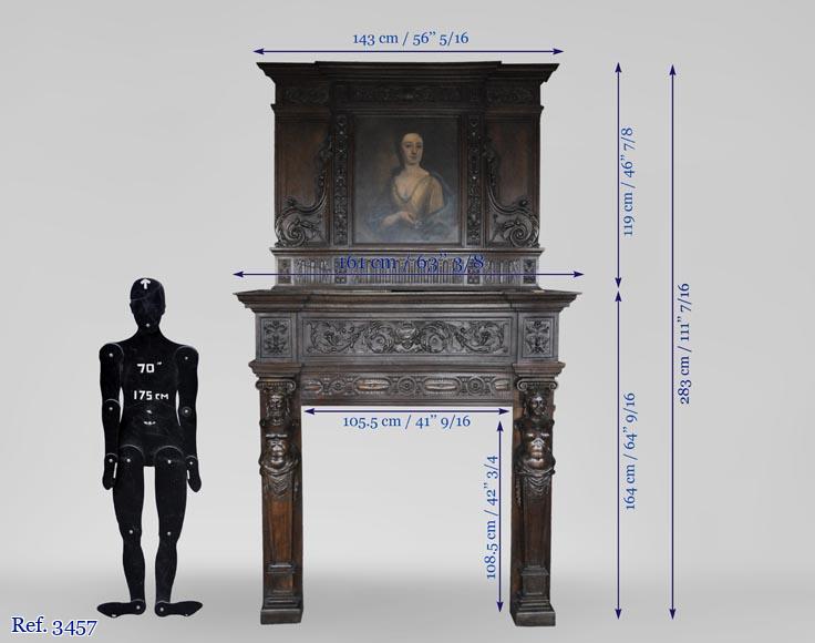 Antique Neo-Renaissance fireplace in oak with a portrait of woman Antique Neo-Renaissance fireplace in oak with a portrait of woman-11