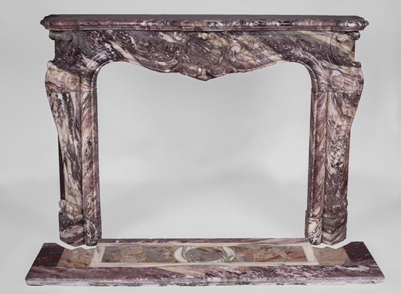Exceptional antique Louis XV style fireplace in Fleur de Pêcher marble with large palmette Exceptional antique Louis XV style fireplace in Fleur de Pêcher marble with large palmette-0