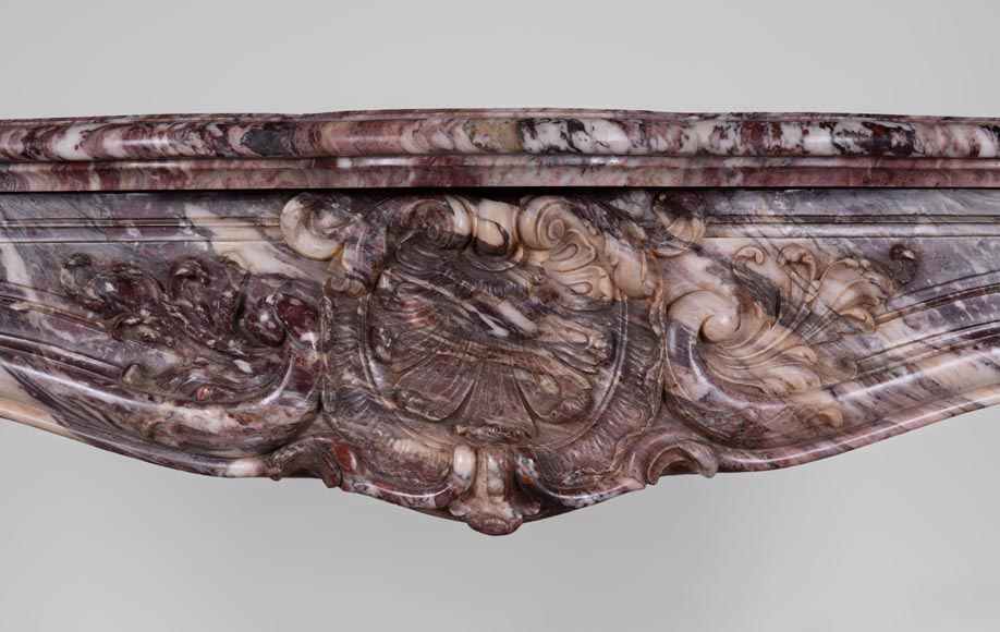 Exceptional antique Louis XV style fireplace in Fleur de Pêcher marble with large palmette Exceptional antique Louis XV style fireplace in Fleur de Pêcher marble with large palmette-1