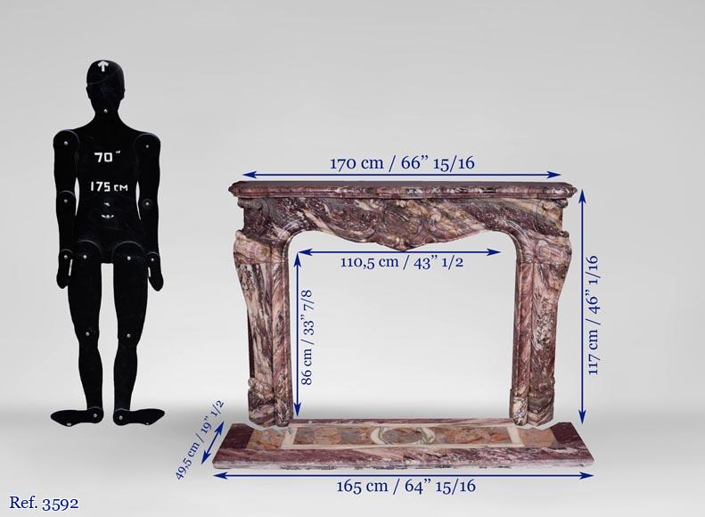 Exceptional antique Louis XV style fireplace in Fleur de Pêcher marble with large palmette Exceptional antique Louis XV style fireplace in Fleur de Pêcher marble with large palmette-14