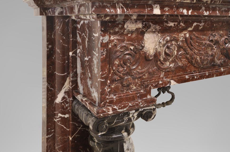 Antique Napoleon III style fireplace with salomonic columns made of Red Marble and Black Marquina Marble-5