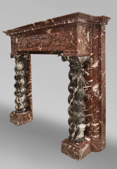 Antique Napoleon III style fireplace with salomonic columns made of Red Marble and Black Marquina Marble-8