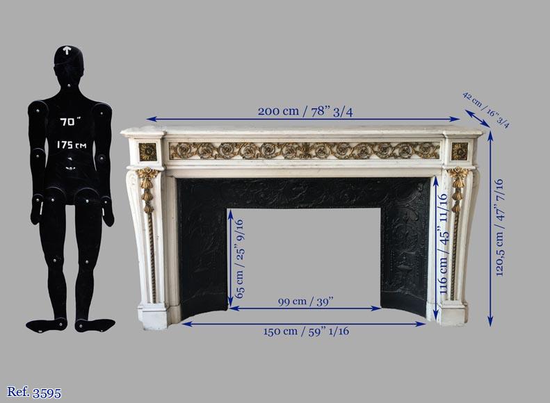 Beautiful Louis XVI style fireplace in white Carrara marble with bronze ornaments Beautiful Louis XVI style fireplace in white Carrara marble with bronze ornaments-1