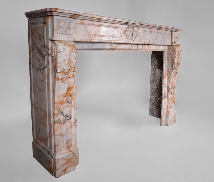 Beautiful antique Louis XVI style mantel in Orange veined marble in Skyros marble Beautiful antique Louis XVI style mantel in Orange veined marble in Skyros marble-2