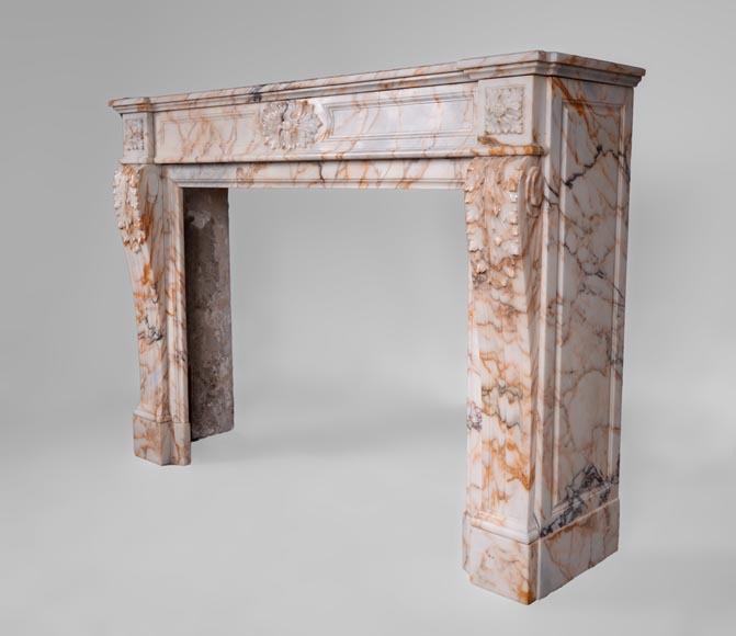 Beautiful antique Louis XVI style mantel in Orange veined marble in Skyros marble Beautiful antique Louis XVI style mantel in Orange veined marble in Skyros marble-6
