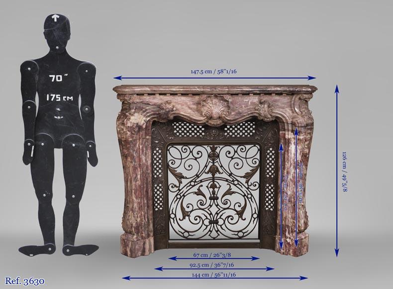 Very beautiful antique Louis XV style opulent fireplace made out of Fleur de Pêcher marble Very beautiful antique Louis XV style opulent fireplace made out of Fleur de Pêcher marble-16