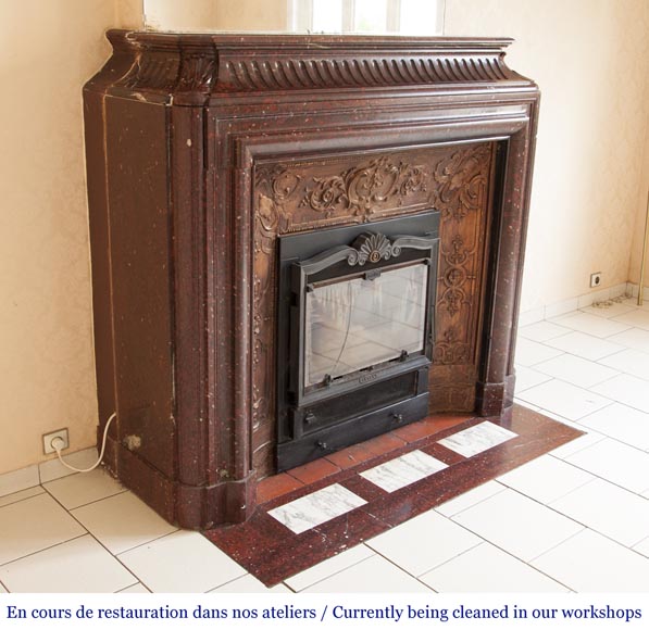 An antique Louis XIV style fireplace, with acroterion and Bollection, made out of Rouge Griotte marble An antique Louis XIV style fireplace, with acroterion and Bollection, made out of Rouge Griotte marble-2