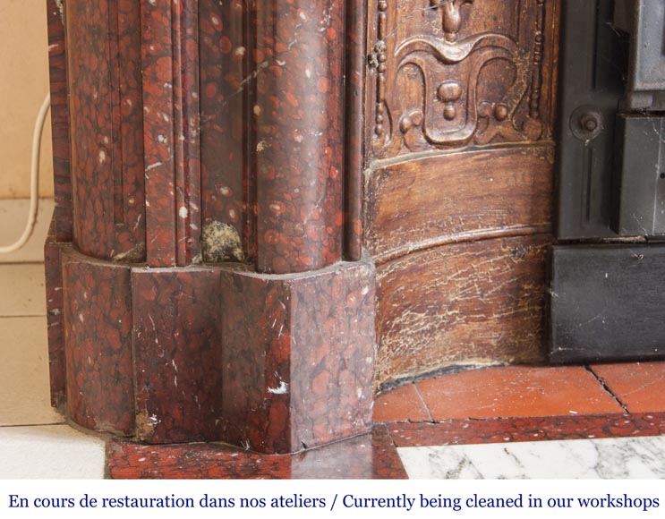 An antique Louis XIV style fireplace, with acroterion and Bollection, made out of Rouge Griotte marble An antique Louis XIV style fireplace, with acroterion and Bollection, made out of Rouge Griotte marble-4