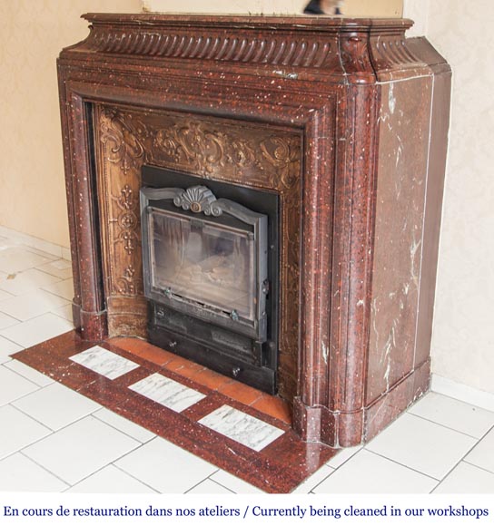 An antique Louis XIV style fireplace, with acroterion and Bollection, made out of Rouge Griotte marble An antique Louis XIV style fireplace, with acroterion and Bollection, made out of Rouge Griotte marble-5
