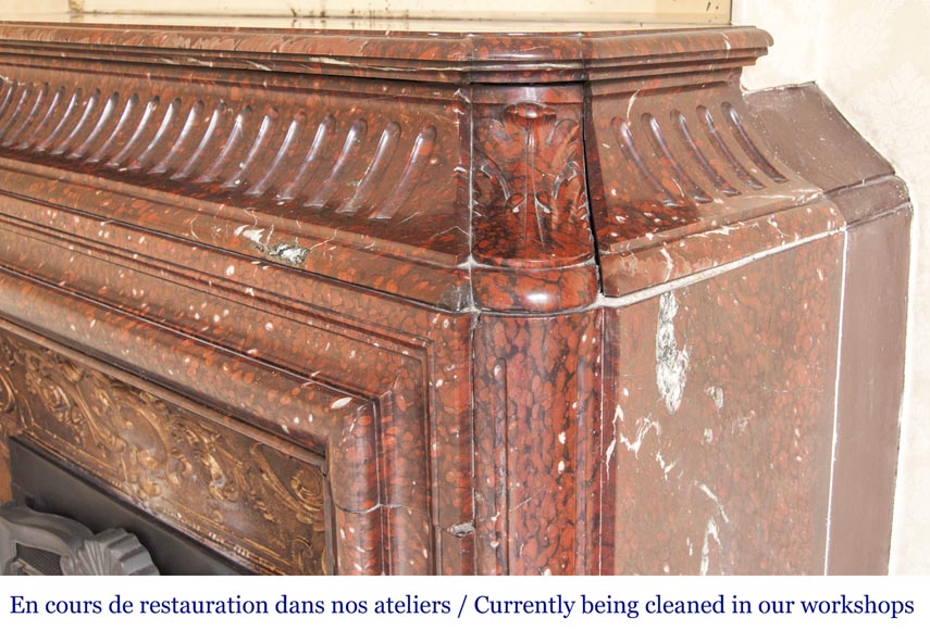 An antique Louis XIV style fireplace, with acroterion and Bollection, made out of Rouge Griotte marble An antique Louis XIV style fireplace, with acroterion and Bollection, made out of Rouge Griotte marble-6