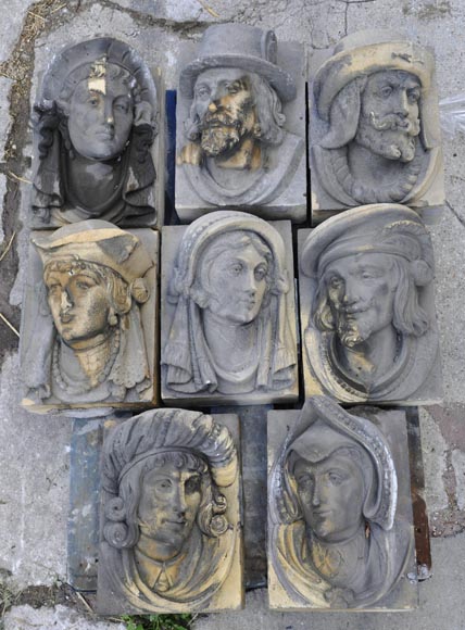 Series of sculpted face and decorative elements in Sun stone of the Ardennes, late 19th century Series of sculpted face and decorative elements in Sun stone of the Ardennes, late 19th century-1