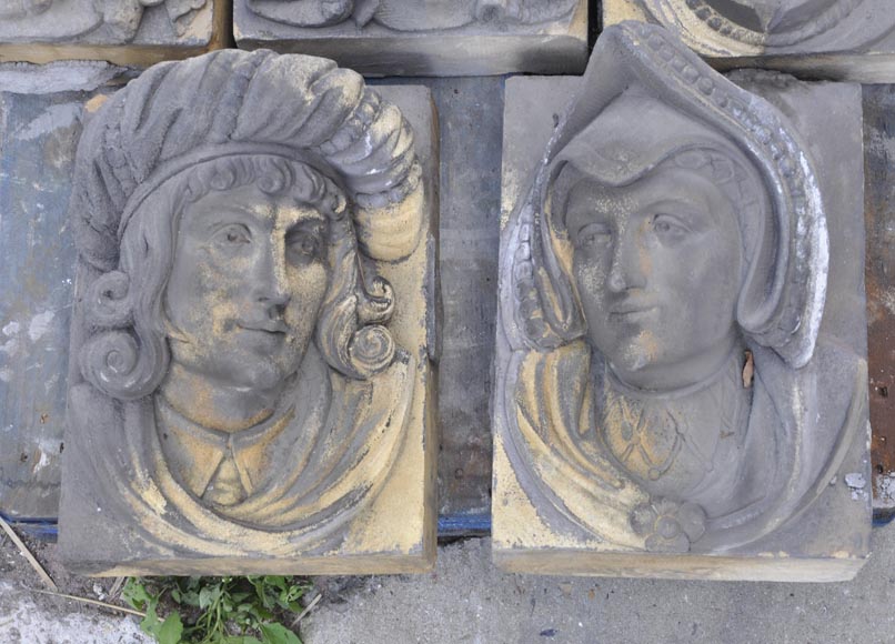 Series of sculpted face and decorative elements in Sun stone of the Ardennes, late 19th century Series of sculpted face and decorative elements in Sun stone of the Ardennes, late 19th century-2