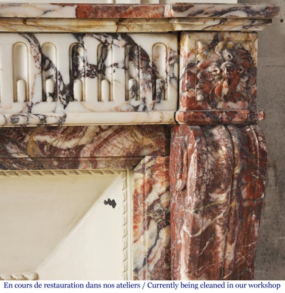 Antique Louis XVI style mantel with rudentures in red Onyx Antique Louis XVI style mantel with rudentures in red Onyx-6