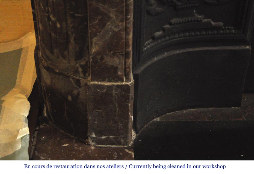 Antique Louis XVI style fireplace with round corners in Red from the North marble and gilded bronze ornaments Antique Louis XVI style fireplace with round corners in Red from the North marble and gilded bronze ornaments-5