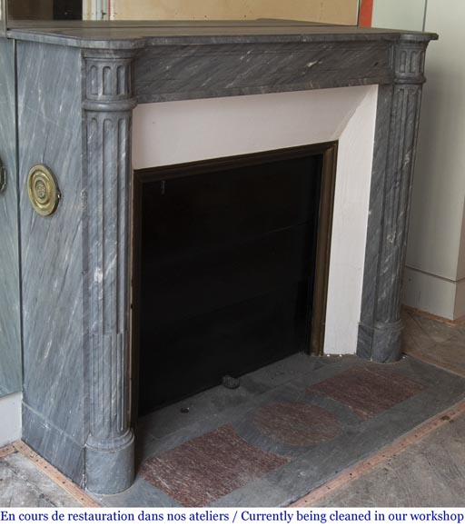 Antique Louis XVI style fireplace with half columns in Bleu Turquin marble Antique Louis XVI style fireplace with half columns in Bleu Turquin marble-2